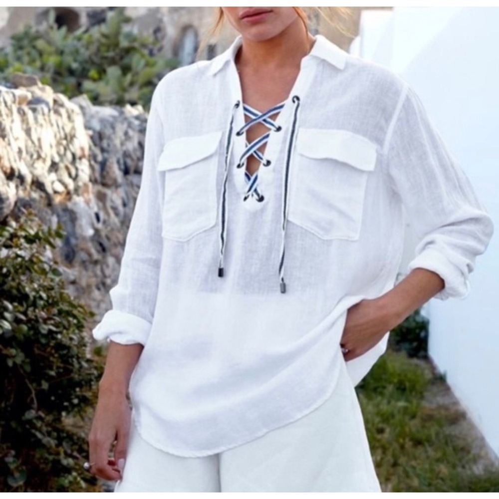 Rails Matea White Linen Blend Lace Up‎ Nautical Top Womens Size XS
